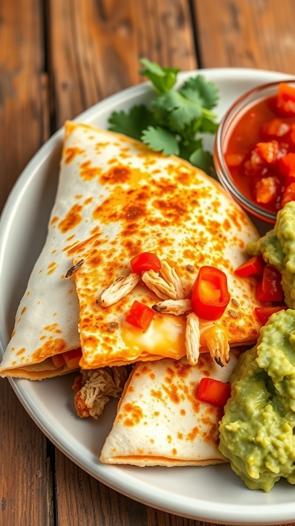 Crispy chicken quesadilla filled with cheese and vegetables, served with salsa and guacamole.